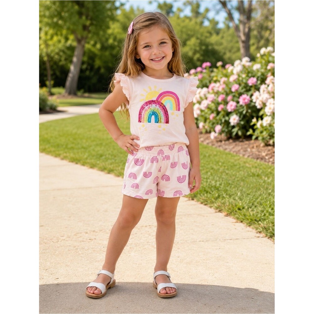 KIDTOPIA 2 Piece Outfit Set Sequin Rainbow Top & Shorts Pink Toddler Summer 4T